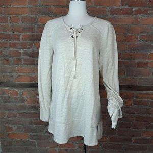 Spense Knit Top Tunic Beige Lace Up Front Split Hem Lg Sleeves Size XL